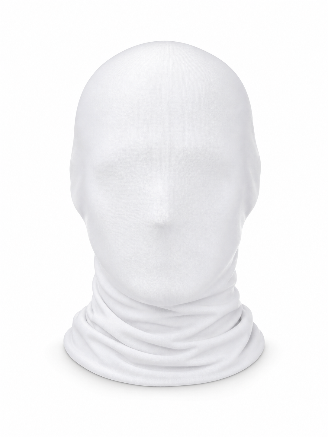 White smooth fabric hood mask displayed front-facing on a stand, covering the entire face and neck with gathered folds at the base
