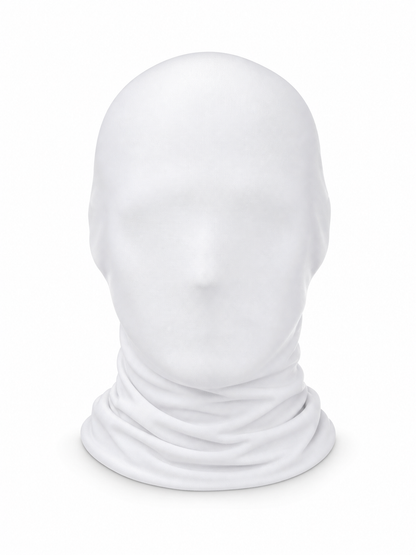White smooth fabric hood mask displayed front-facing on a stand, covering the entire face and neck with gathered folds at the base