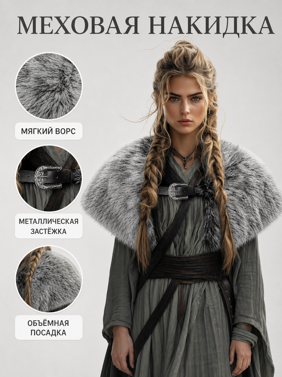 Information card showing a gray fur shoulder shawl on a model with close-ups of soft pile, metal fastening, and raised fit