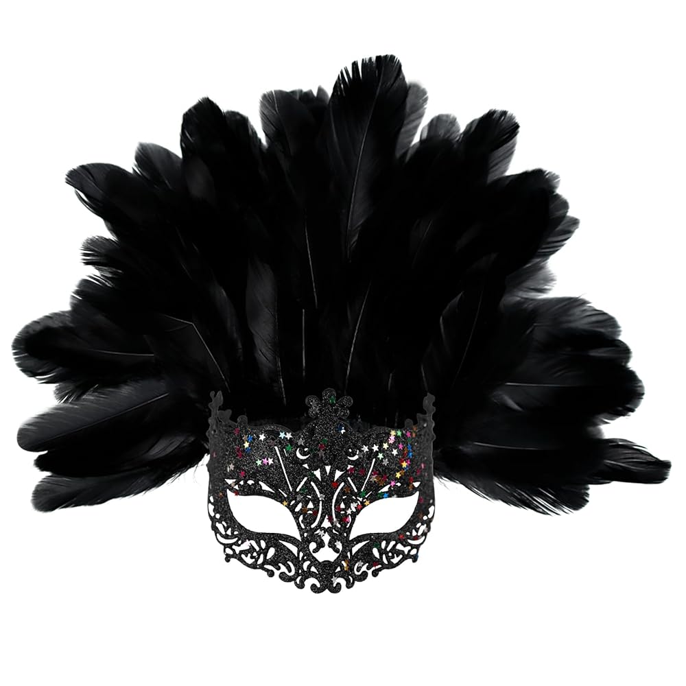 Masquerade Mask with Black Feathers and Glitter