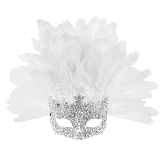 Masquerade Mask with White Feathers and Glitter