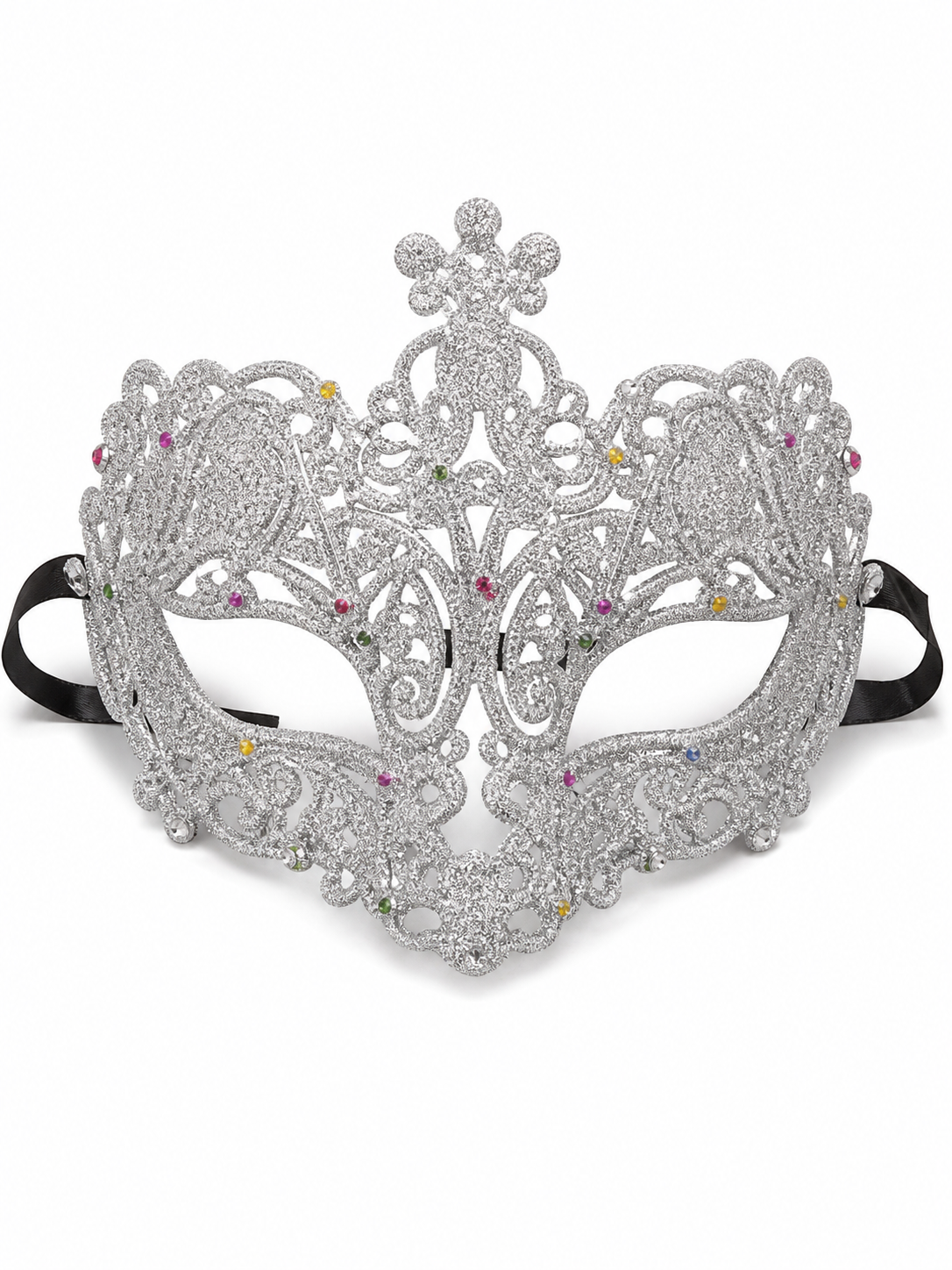 Front-facing silver glitter eye mask with symmetrical filigree scrollwork, multicolored rhinestones, a central raised ornament, and black ribbon ties