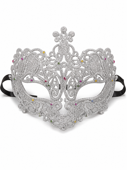 Front-facing silver glitter eye mask with symmetrical filigree scrollwork, multicolored rhinestones, a central raised ornament, and black ribbon ties