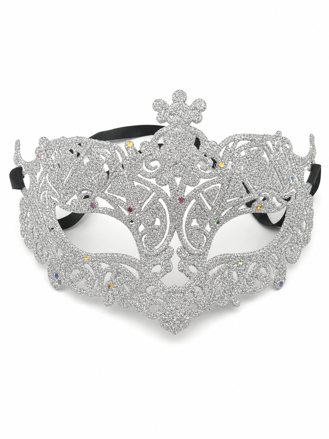 Silver glitter eye mask with ornate scrollwork, a raised central ornament, multicolored rhinestones, eye openings, and black side ties on white