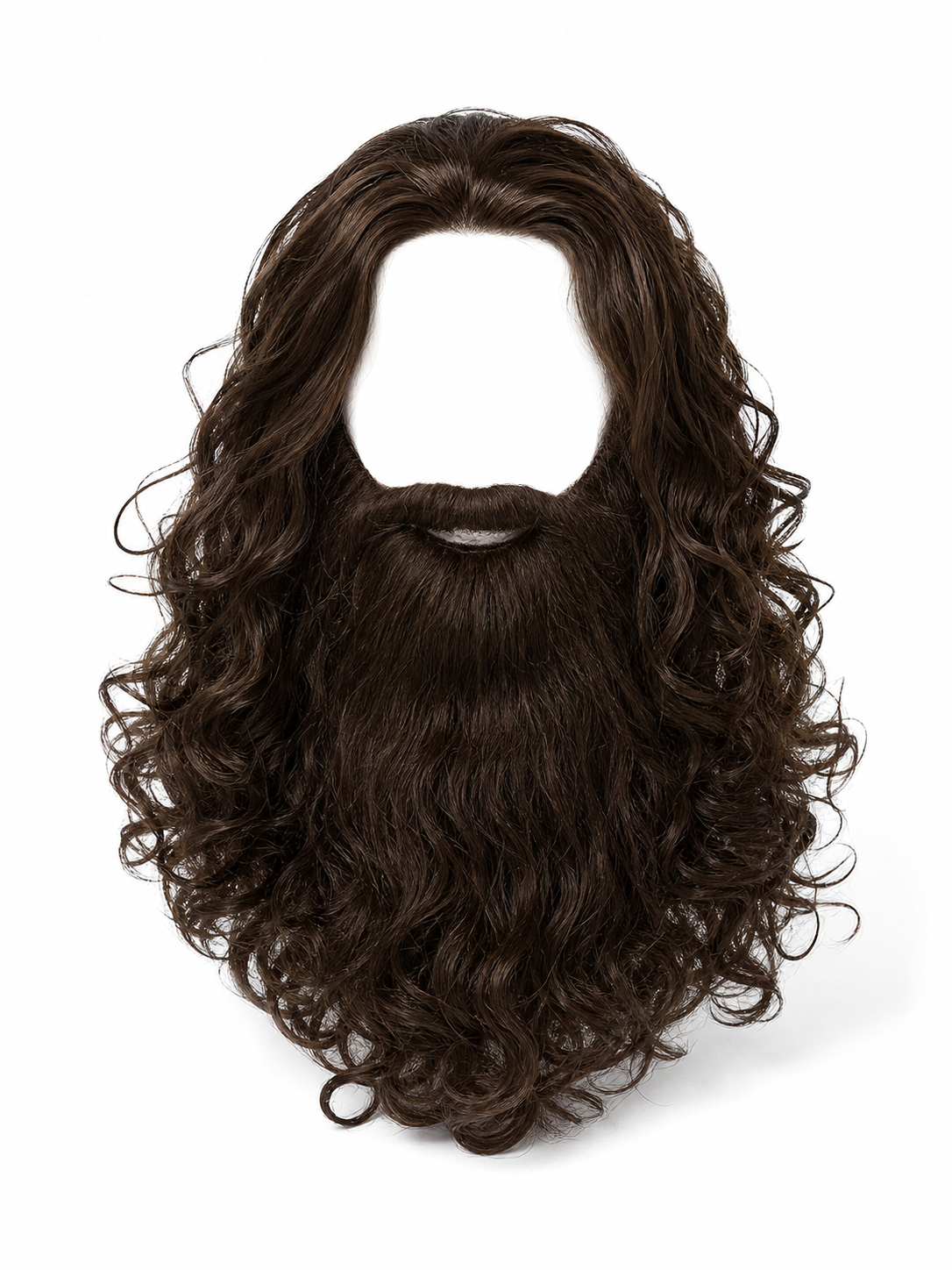 Dark brown curly beard and mustache accessory shown against a white background, with a large open face area
