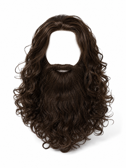 Dark brown curly beard and mustache accessory shown against a white background, with a large open face area