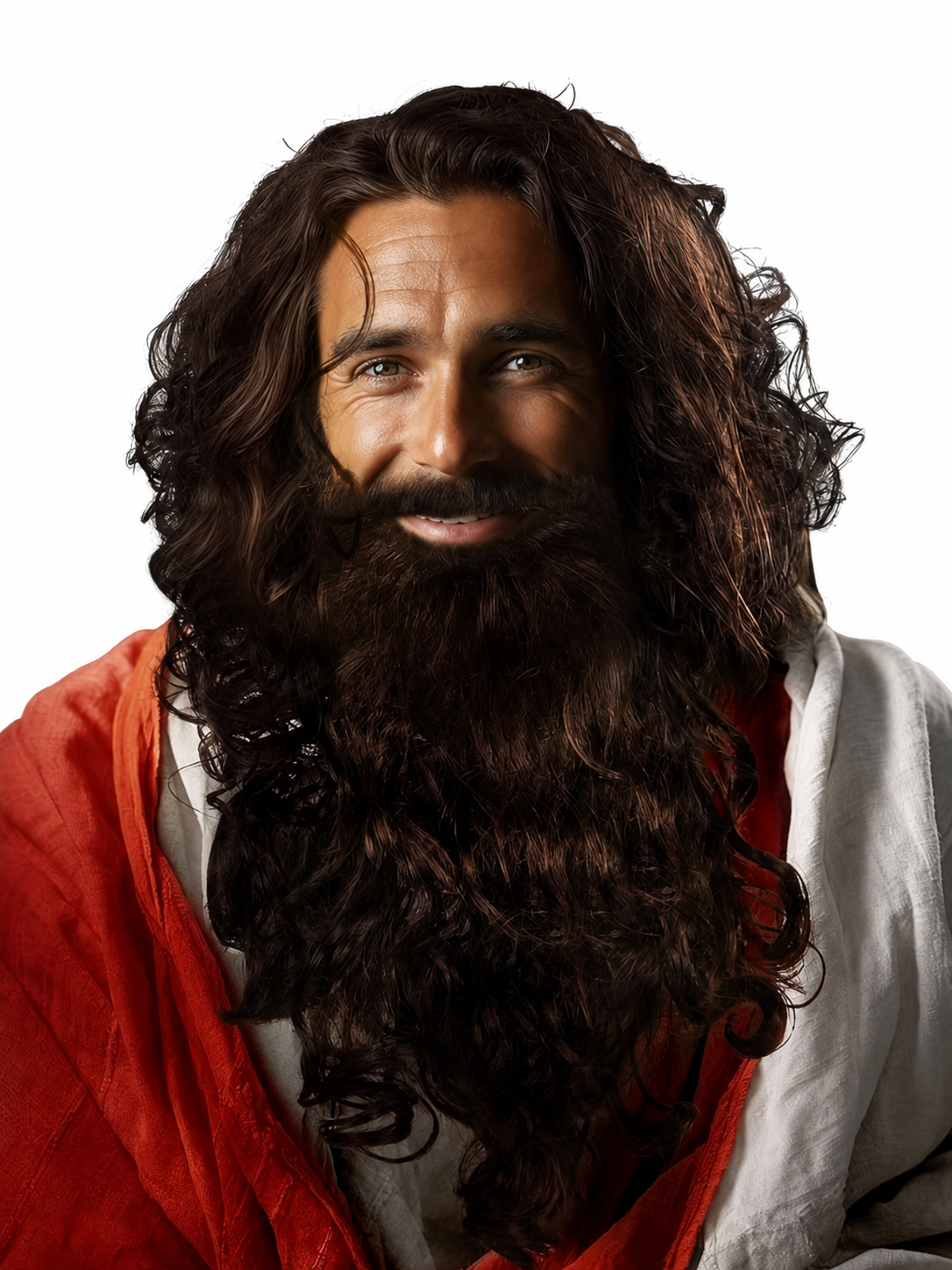 Long dark brown curly beard and mustache shown in a close-up on a model, with the accessory framing the face