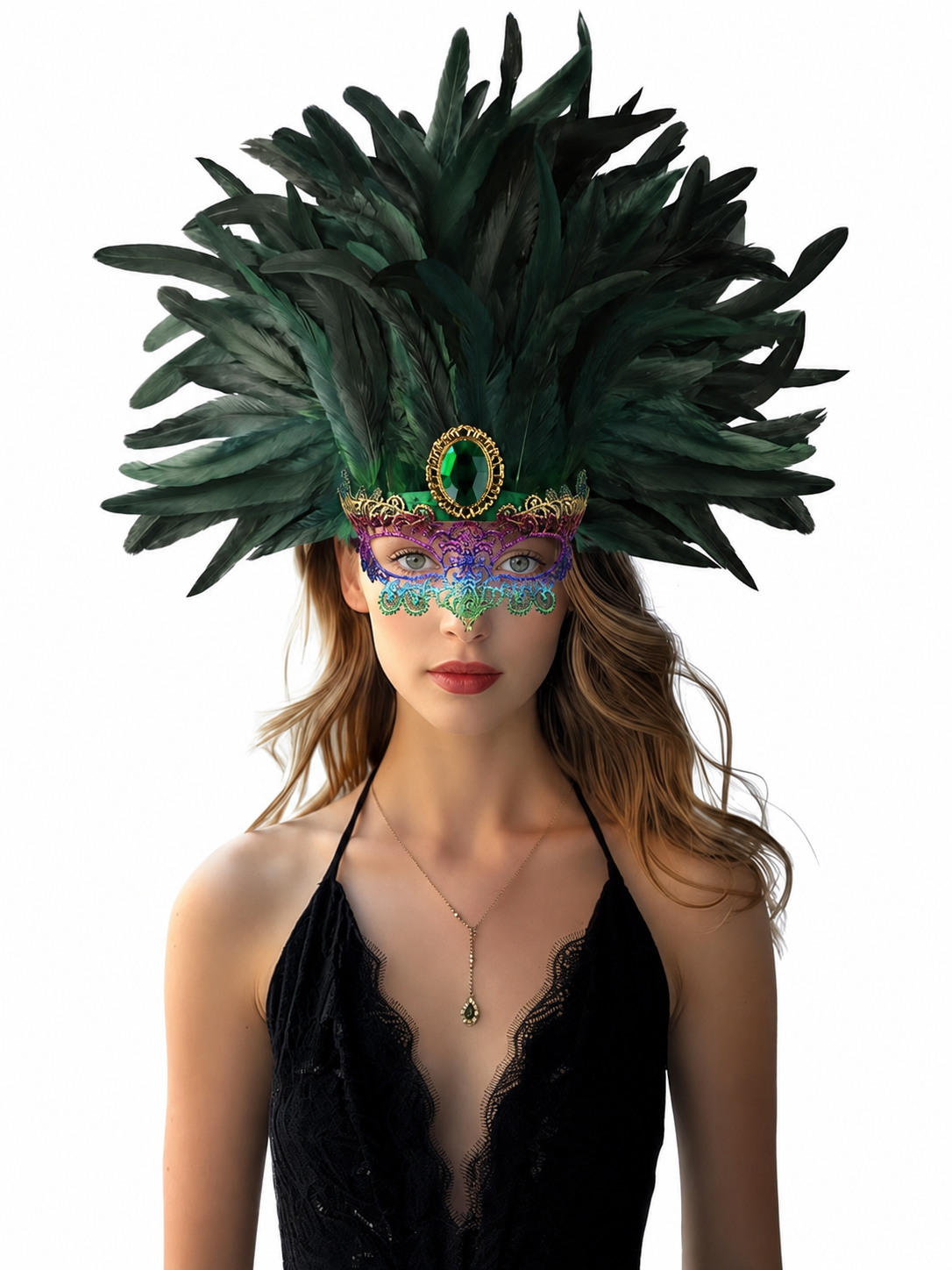 Masquerade headdress with green feathers