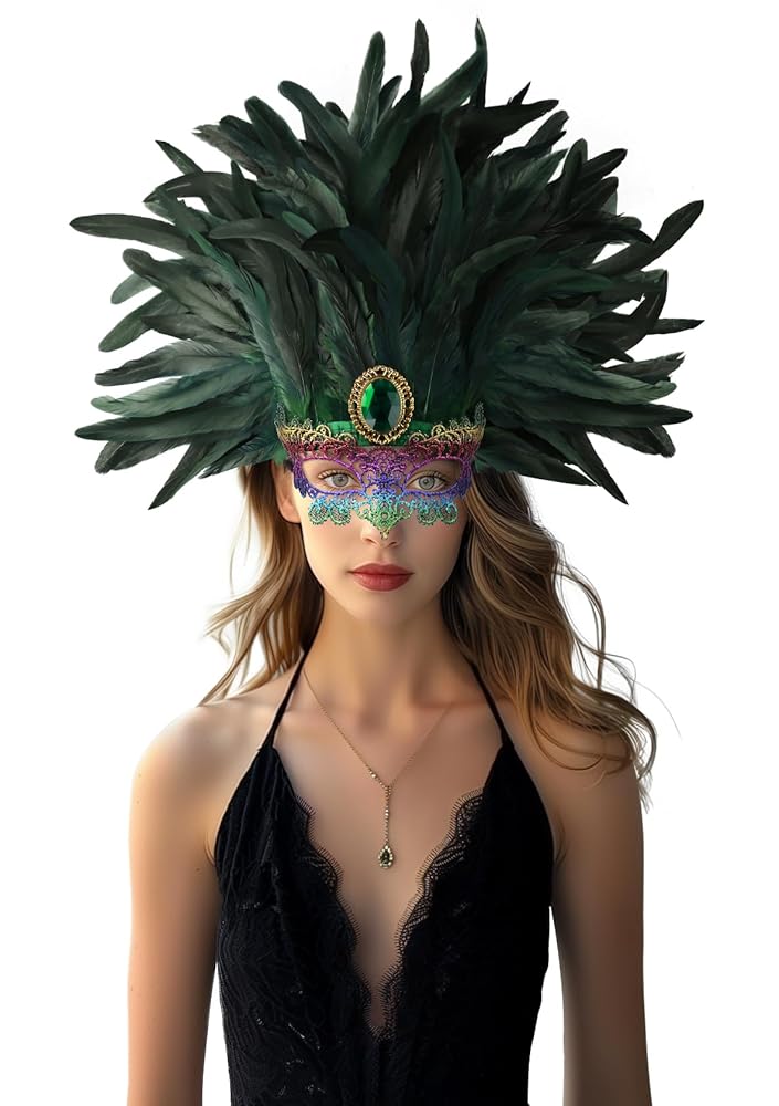 Masquerade headdress with green feathers