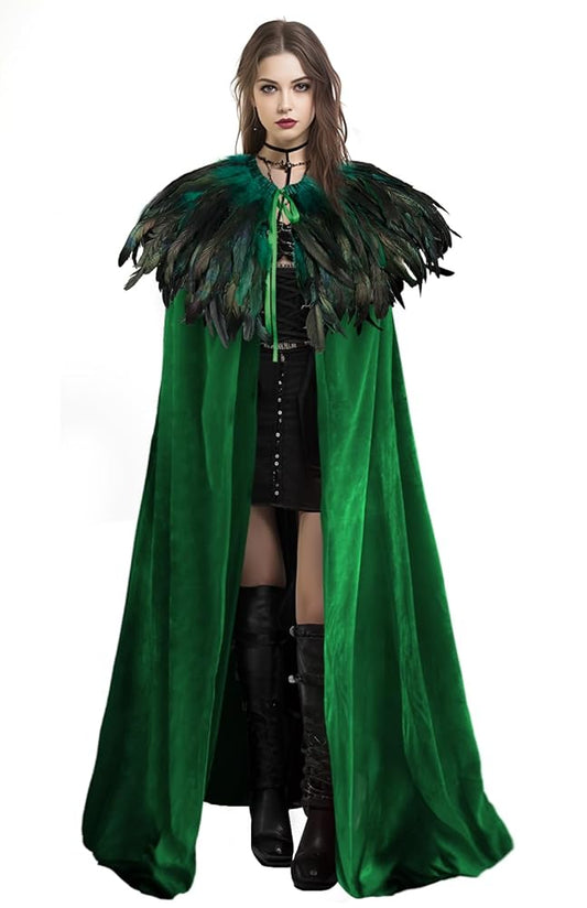 Green Carnival Cloak with Feather Trim
