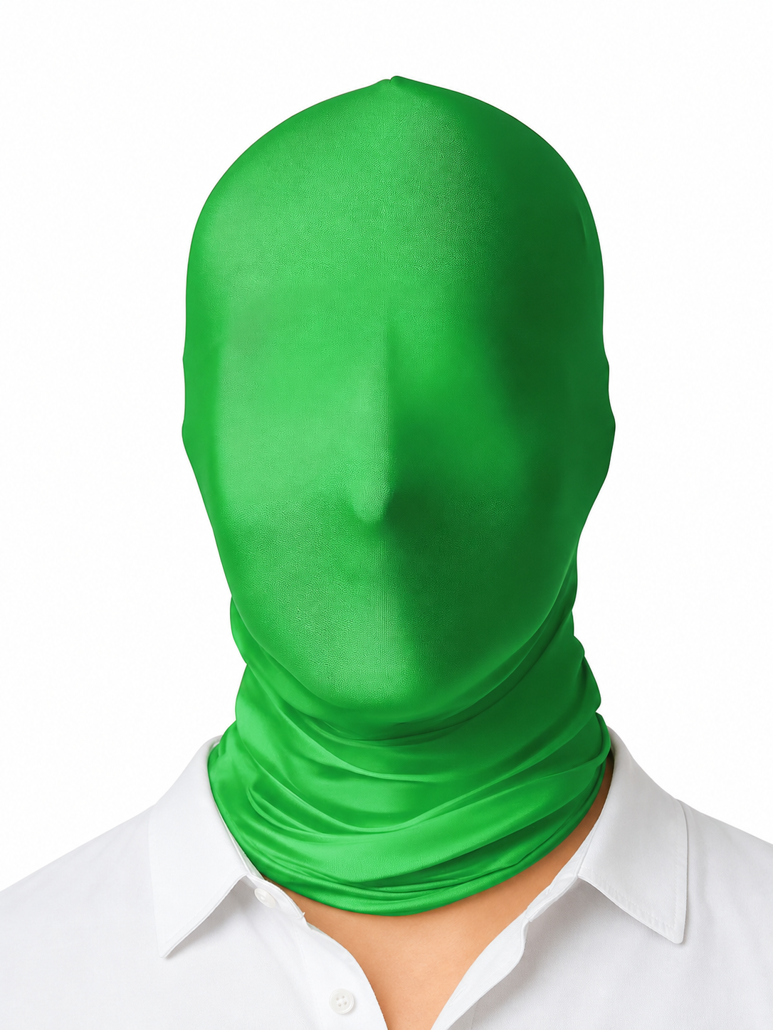 Green full-face stretch fabric mask shown from the front in a close-up against a white background