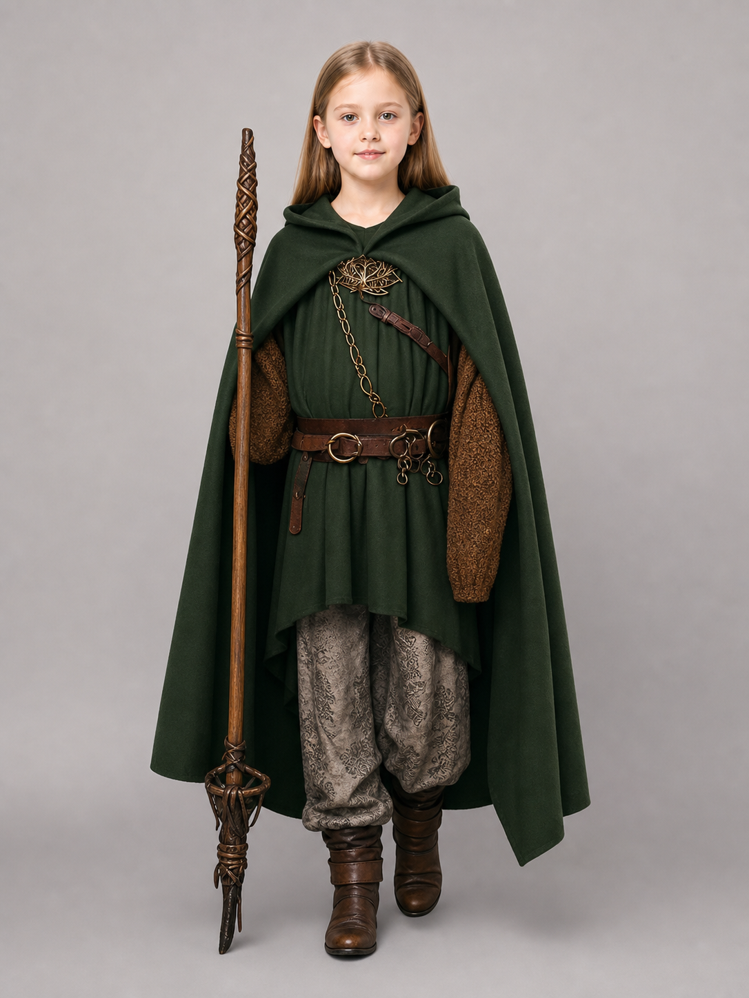 Green hooded cloak shown full-body on a child model in a styled costume scene, layered over tunic and trousers with a belt and chain
