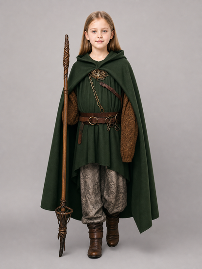 Green hooded cloak shown full-body on a child model in a styled costume scene, layered over tunic and trousers with a belt and chain