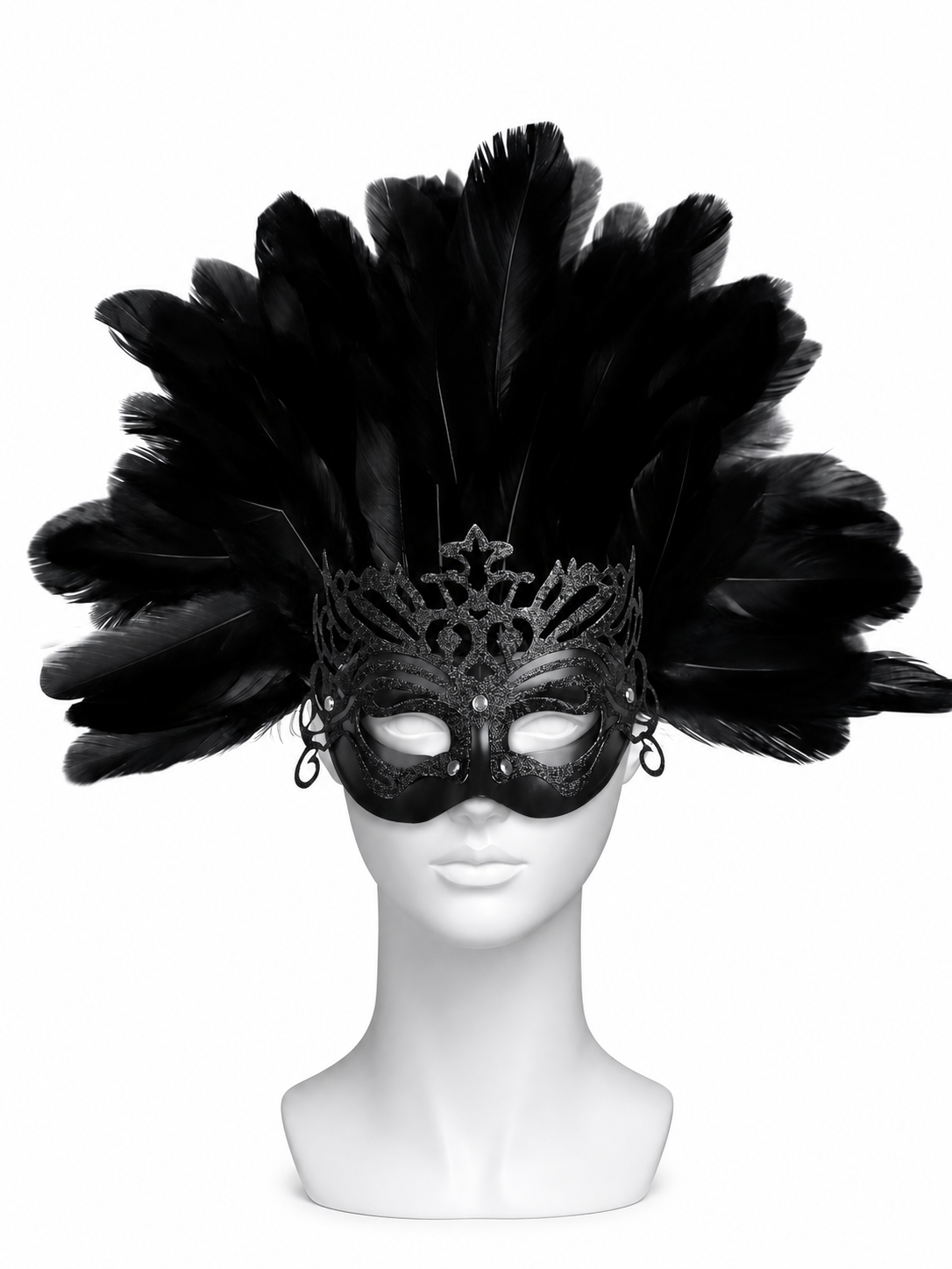 Carnival headpiece with black feathers and a mask