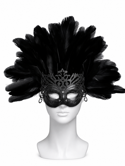 Carnival headpiece with black feathers and a mask