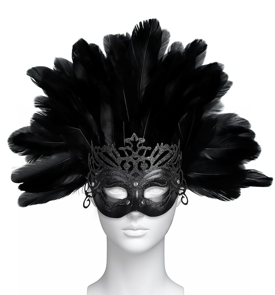 Carnival headpiece with black feathers and a mask