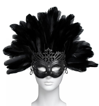 Carnival headpiece with black feathers and a mask