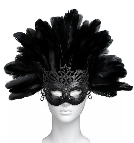 Carnival headpiece with black feathers and a mask