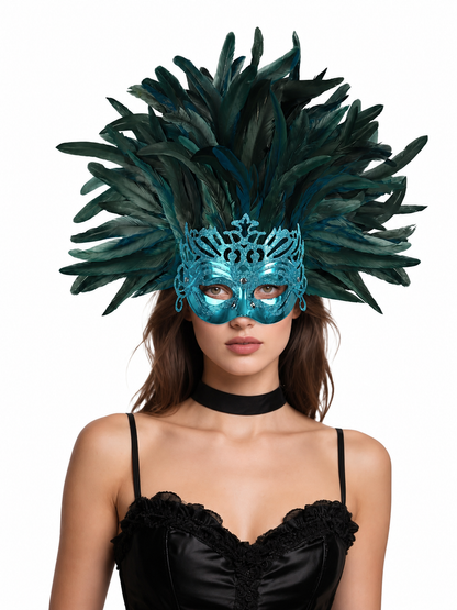 Turquoise glittered eye mask with a tall fan of dark teal feathers, modeled in a front-facing portrait