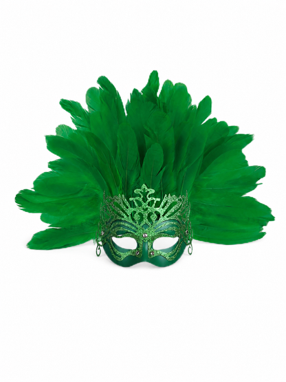 Carnival Mask with Green Feathers and Glitter