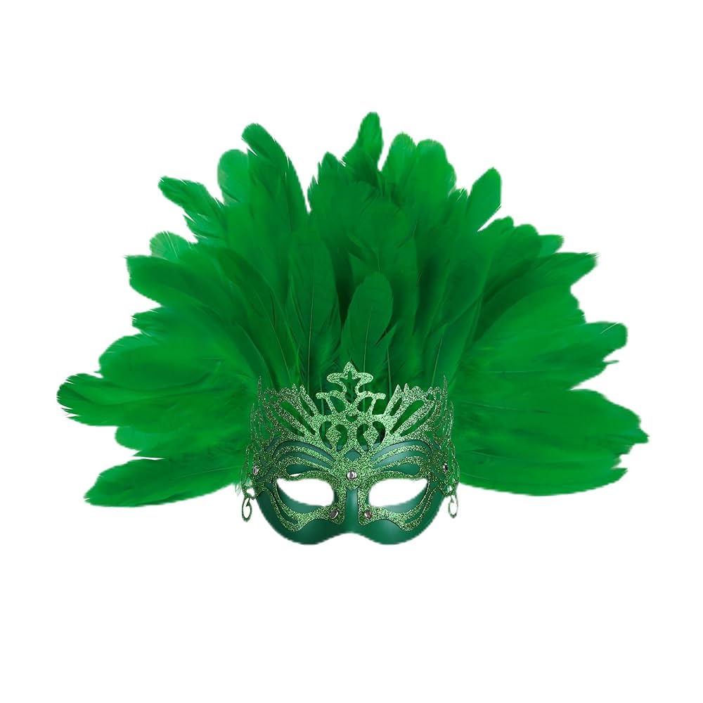 Carnival Mask with Green Feathers and Glitter
