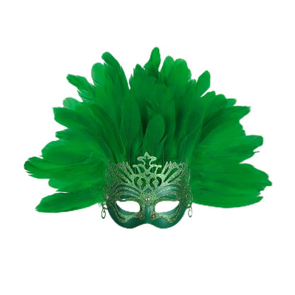 Carnival Mask with Green Feathers and Glitter