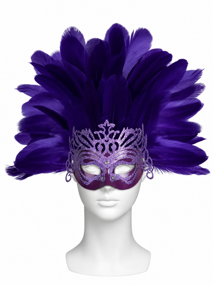 Purple feathered masquerade mask displayed on a white mannequin, with glittered detailing, a crown-shaped top, and side loops