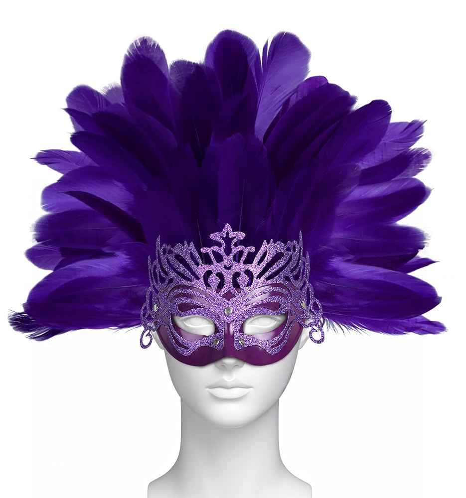 Masquerade mask on a white mannequin with a large fan of purple feathers and a glittered lavender crown design