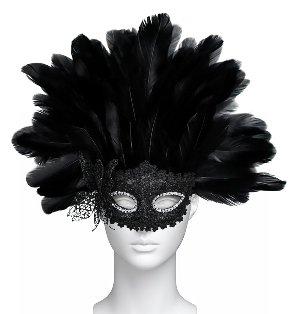 Carnival Mask with Black Feathers and Glitter