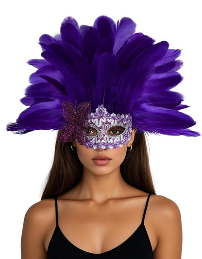 Carnival headdress with feathers and a mask