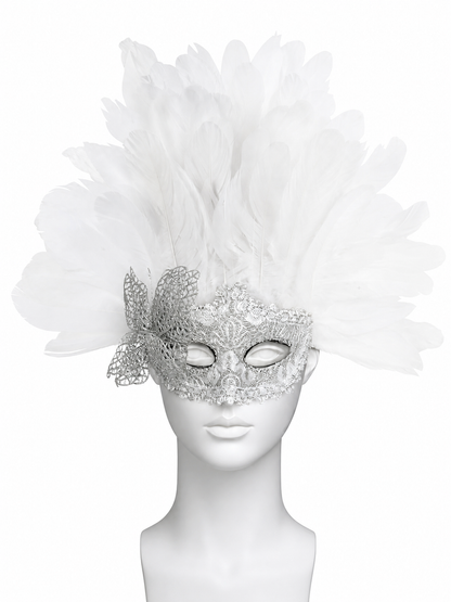 White feather masquerade mask with silver lace detailing and eye openings, shown front-facing on a mannequin