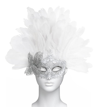 Masquerade mask with white feathers and silver filigree embellishments, displayed front-facing on a mannequin