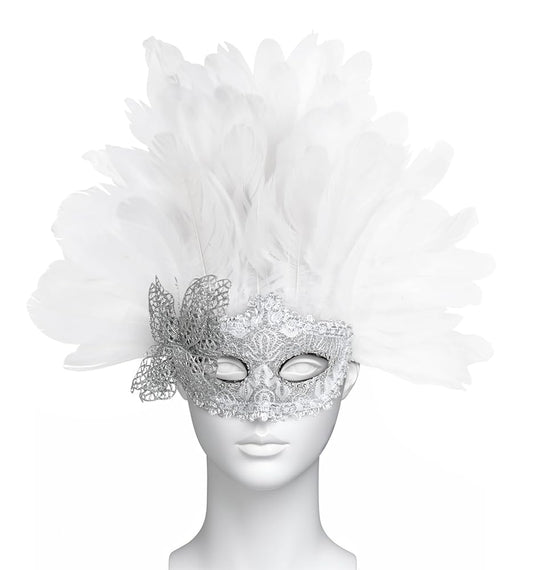 Carnival mask with white feathers and embellishments