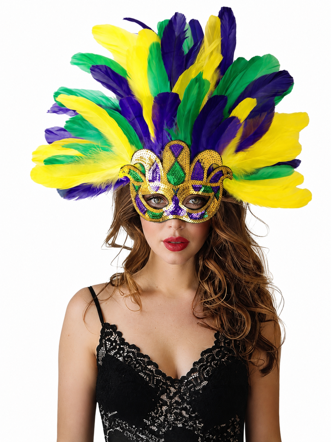 Purple, green, and yellow feather mask worn by a woman in a black lace camisole, shown in a close front view