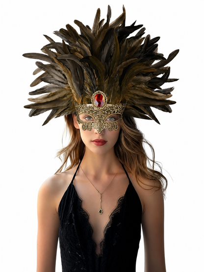 Feathered masquerade mask with dark brown and black plumes, gold filigree, and red jewel, shown on a model in a gray shirt