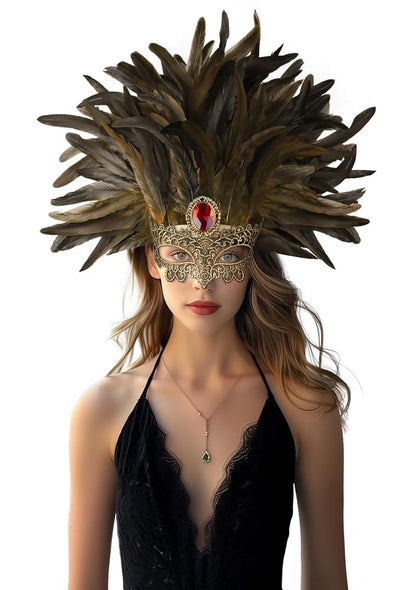 Feathered masquerade mask with black and brown plumes, gold filigree, and red oval jewel, shown on a model in a black dress against white