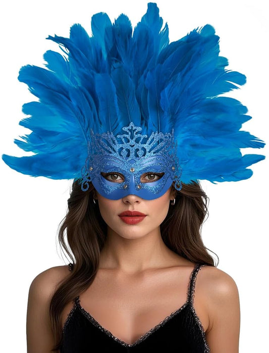 Carnival Mask with Blue Feathers and Glitter