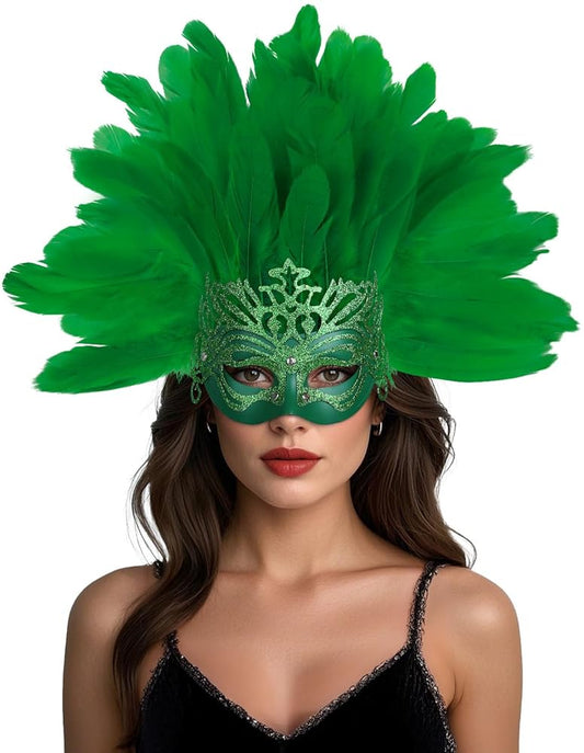 Feathered Headpiece with Mask for Masquerade