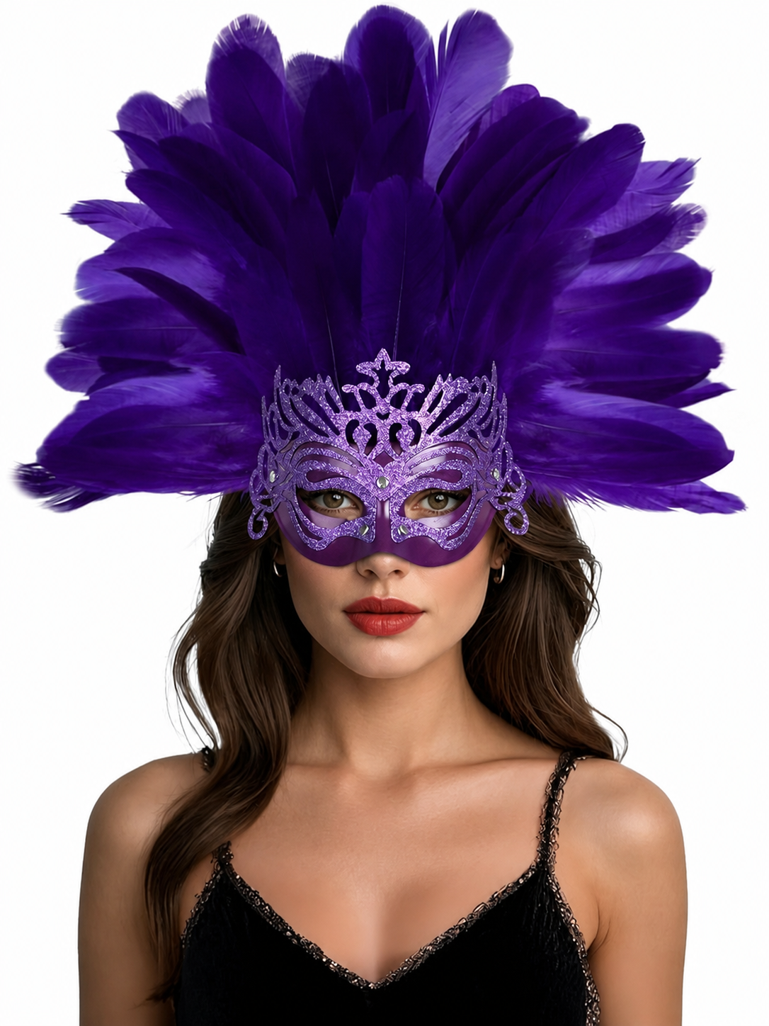 Front view of a purple feathered headpiece with a glittery decorative mask and dangling side details on a model