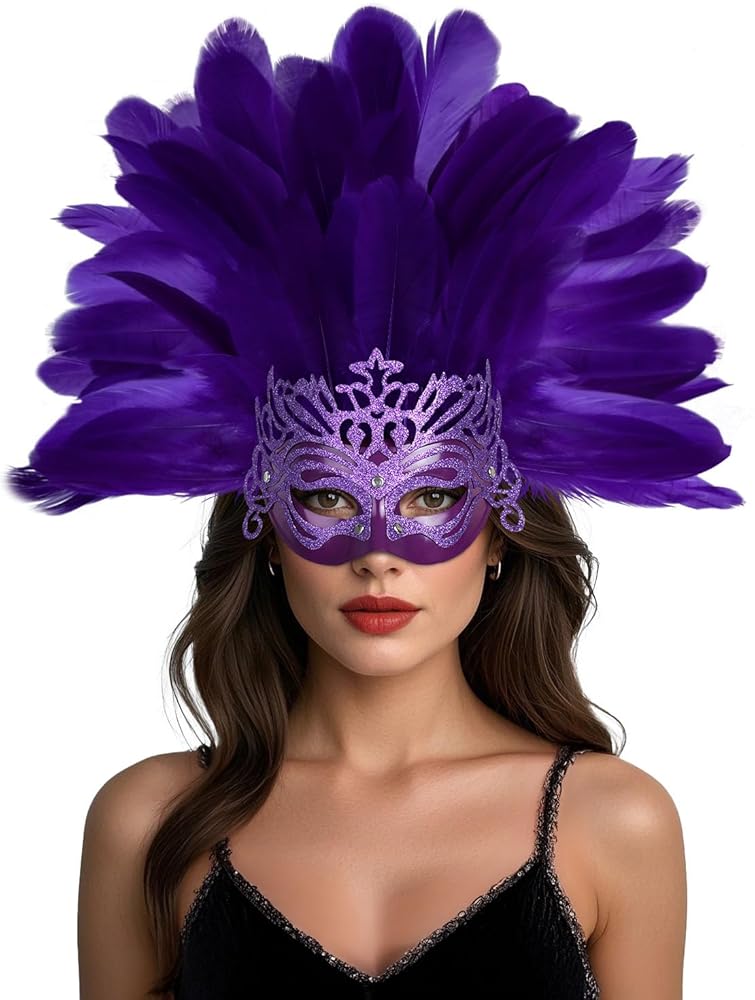 Purple feathered mask headpiece with glittery filigree eye mask on a model, shown from the front against a white background