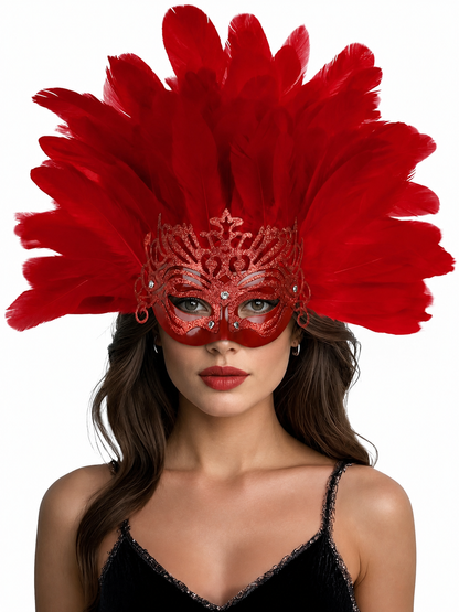 Red feather headpiece and decorative red mask shown front-facing on a model against a white background