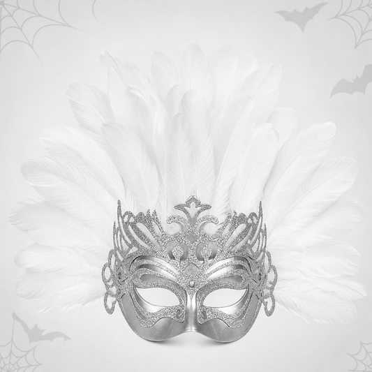 Mask with a white feather headdress and silver decoration