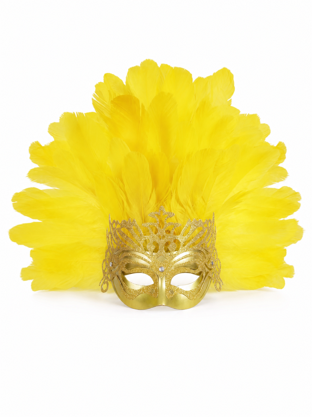 Yellow feather headpiece with a gold masquerade mask, displayed front-facing against a white background