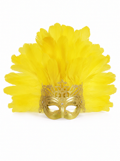 Yellow feather headpiece with a gold masquerade mask, displayed front-facing against a white background