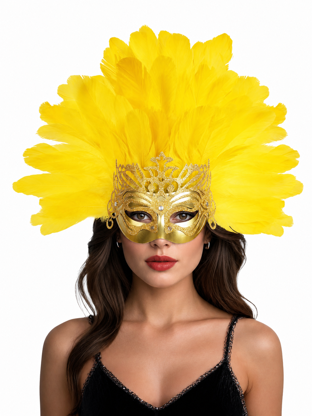 Yellow feather headpiece with a gold decorated eye mask, shown on a model in a close-up against a white background