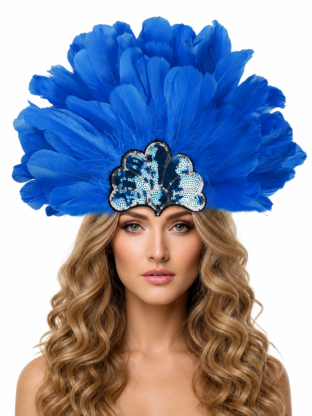 Blue feather headpiece with layered plumes and a blue-and-silver sequined centerpiece, shown on a model