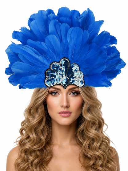 Blue feather headpiece with layered plumes and a blue-and-silver sequined centerpiece, shown on a model