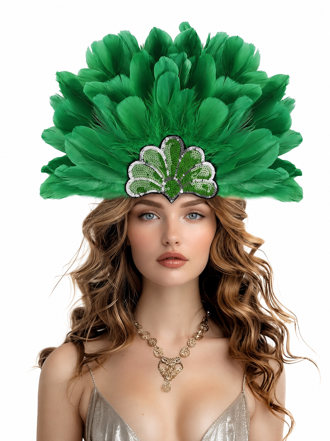Green feather headpiece with layered plumes and a sequined front panel, modeled in a close-up portrait