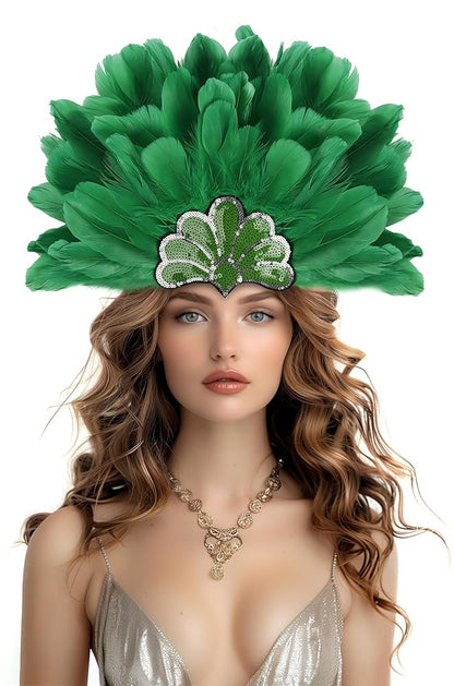 Green feather headpiece with a sequined front panel, shown close-up on a model against a white background