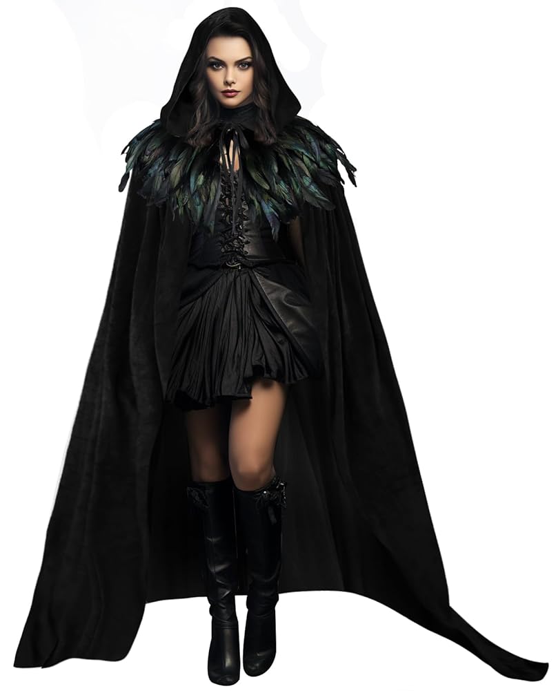 Black hooded cape with iridescent dark feathers, shown full length on a model against a white background
